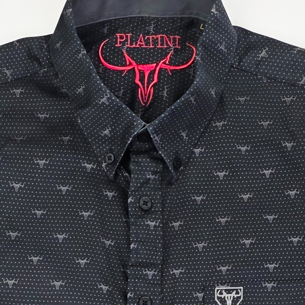 Platini Size Large Men Black Polka Dot Button Down Long Sleeve Pocket Logo Shirt